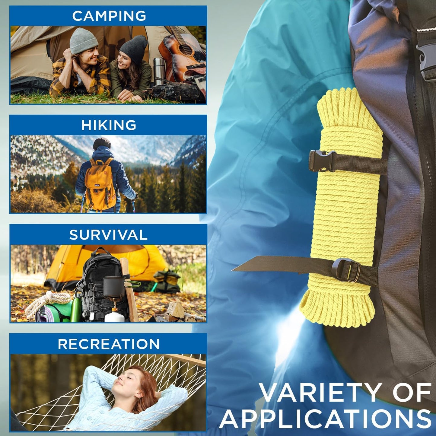 TECEUM Cotton Rope 3/16” (5 mm) – 50 FT – Strong All-Purpose Braided Rope – Natural Cotton – for Crafting, Сamping, Clothes Line, DIY, Indoor & Outdoor Use – Pastel Yellow