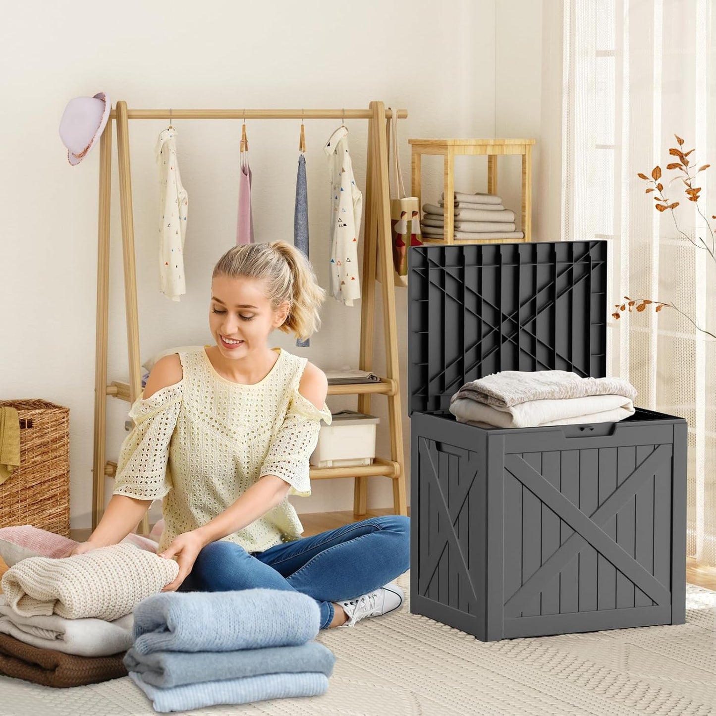 Vixzen 32 Gallon Outdoor Deck Box,Lockable Resin Waterproof Storage Box,UV Resistant,Weather Resistance,Outside Storage Bin for Gardening Tools,Pool Supplies,Black