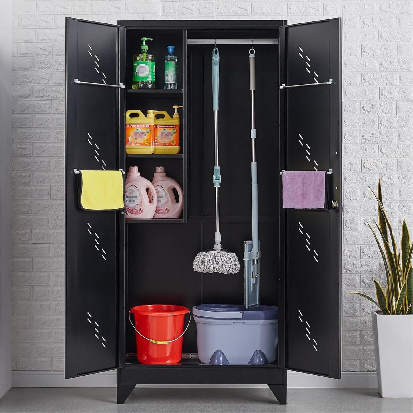 75" Metal Storage Cabinet, Tool Cabinets with Hooks, Garage Storage Cabinet with Lock, Heavy-Duty Tool Cabinet for Utility Room, Gym, Basement, Broom Closet Cabinet, Black