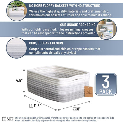 NaturalCozy 11.8"x8"x4.5” Rectangle Storage Baskets for Shelves 3 Pack | Cotton Rope Woven Small Baskets for Organizing | Small Storage Bins for Nursery, Bathroom, Closet, Shelf, Decorative, Gift