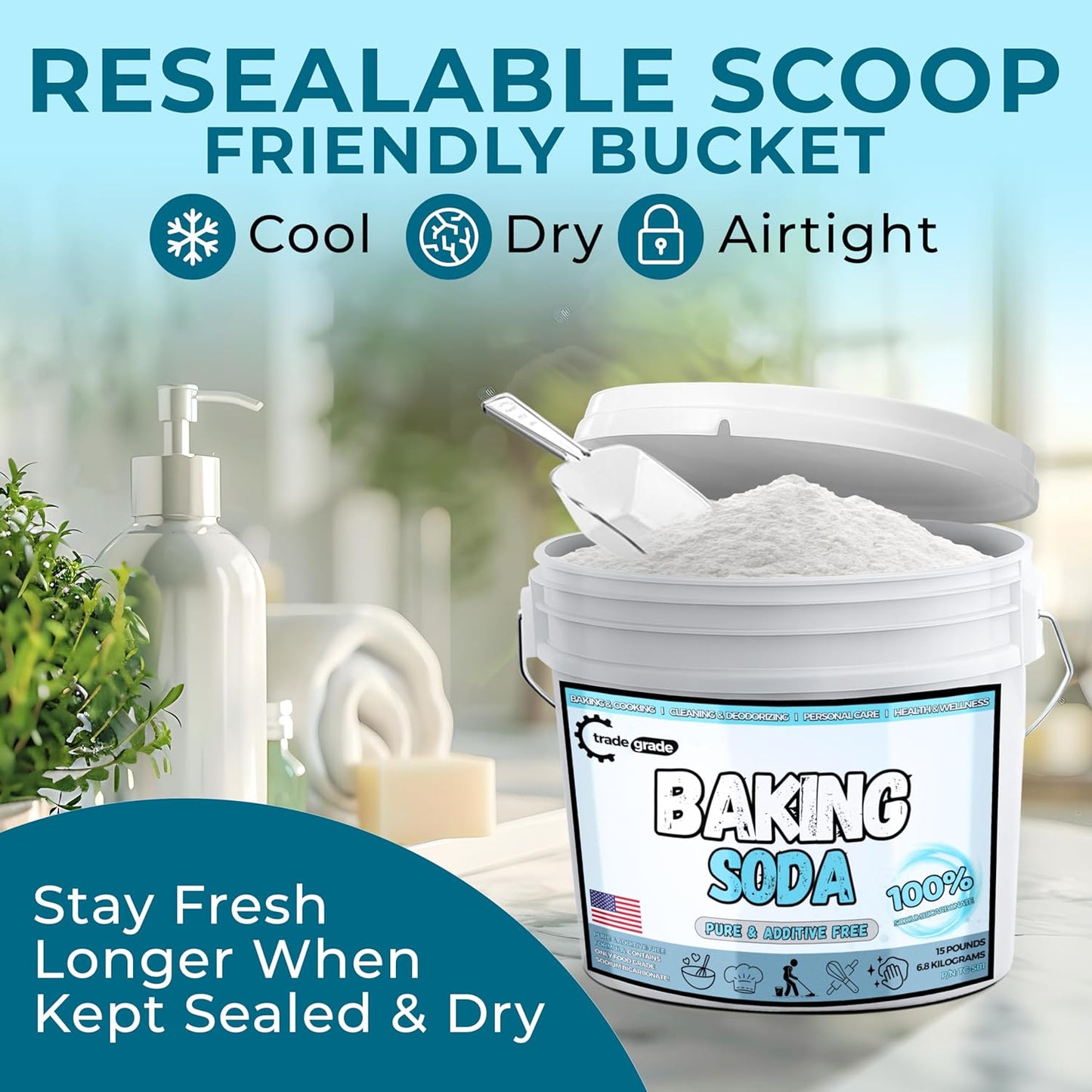 TradeGrade Pure Baking Soda Powder – 15 lb Bucket, Sodium Bicarbonate Powder | Premium Food-Grade for Baking, Bread, Cookies & More | Baking Soda for Cleaning, Natural Cleaner & Deodorizer