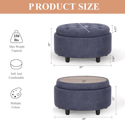 COLAMY Fabric Round Storage Ottoman with Reversible Tray Lid – Multi-Functional Footrest, Hidden Storage, Sturdy & Stylish Small Coffee Table for Living Room, Bedroom, or Entryway(Blue)