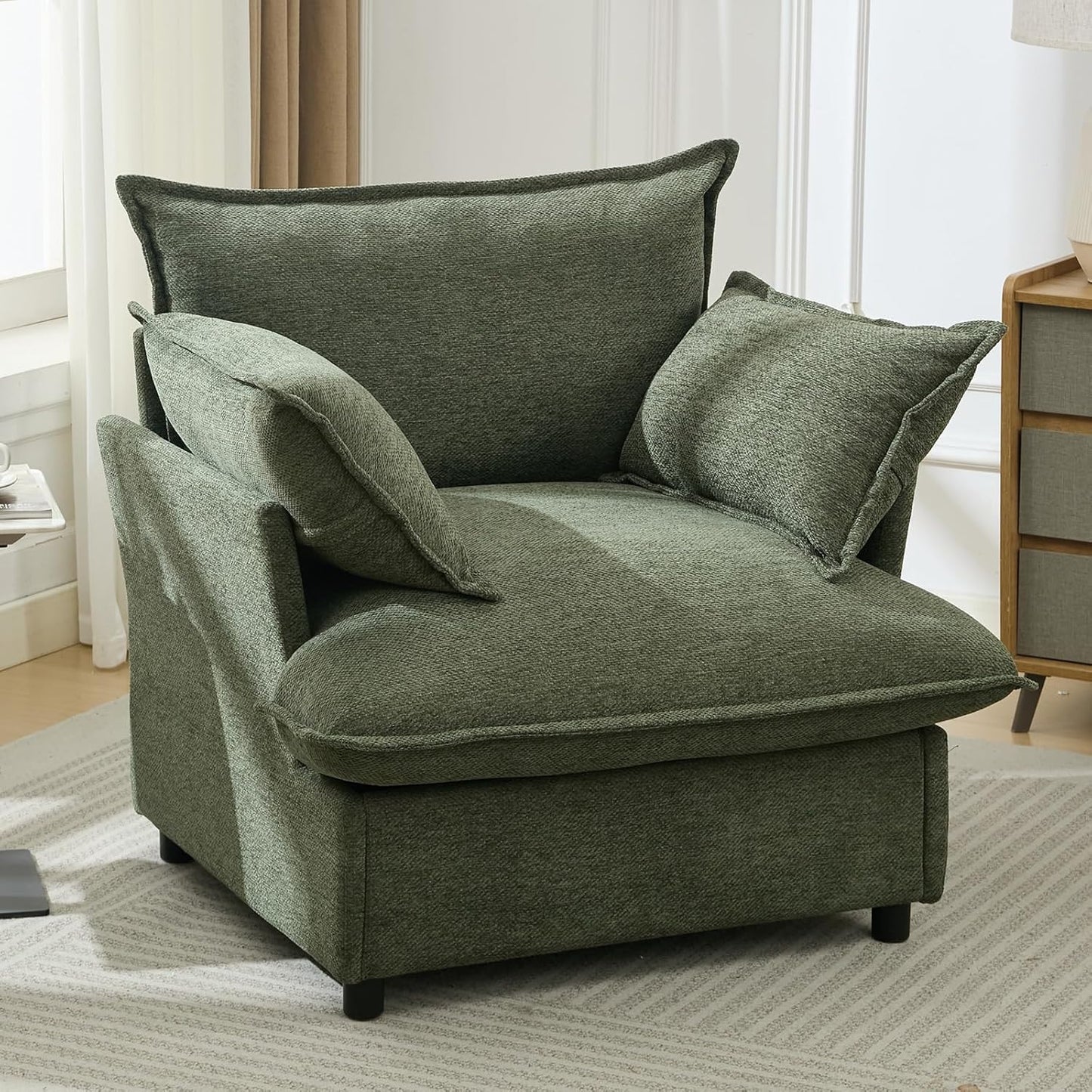35.4" Wide Oversized Chenille Single Sofa Chair with 2 Pillows, Modern Upholstered Accent Chair Armchair for Livingroom Bedroom Apartment, Green