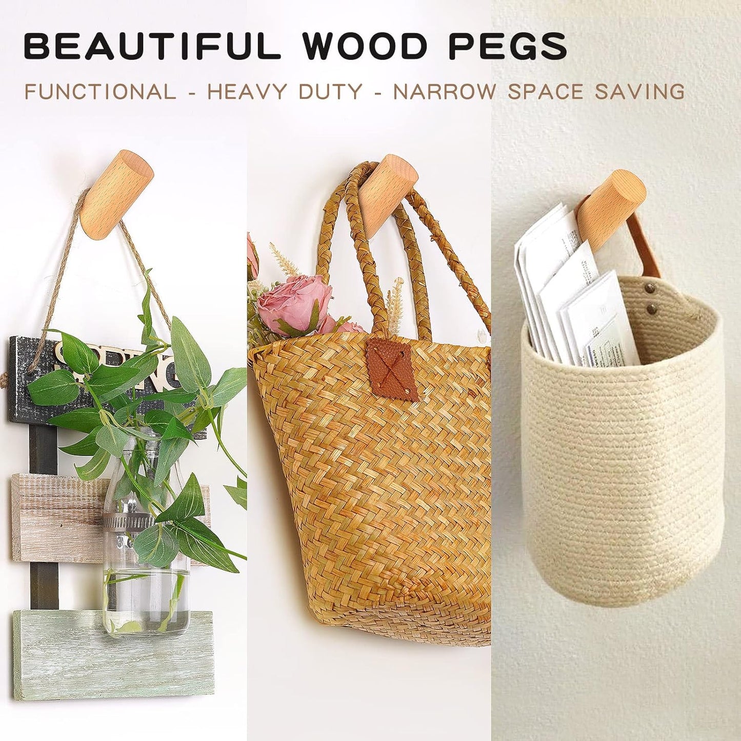 Wooden Wall Hooks, 2 Pack Coat Hooks Wall Mounted - Natural Wood Hook Coat Rack, Heavy Duty Hooks for Hanging Towels Entryway Coats Hat Rack for Wall (Beech Wood)