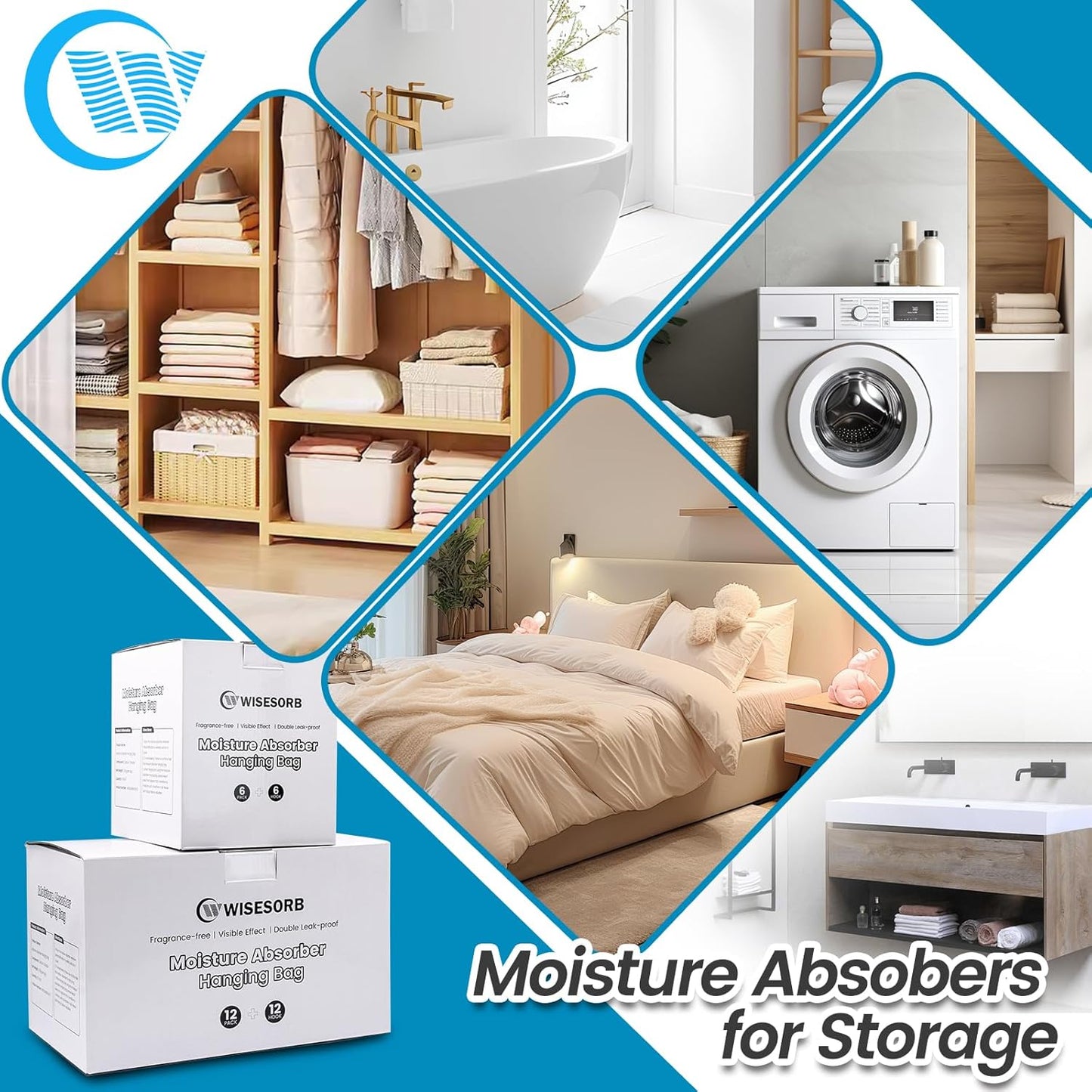 Moisture Absorber Hanging Bags 12 Pack - 7 oz Fragrance-Free Dehumidifier for Closet, Bathroom, Bedroom – Double Leak-Proof Design & Dual-Sided Absorption