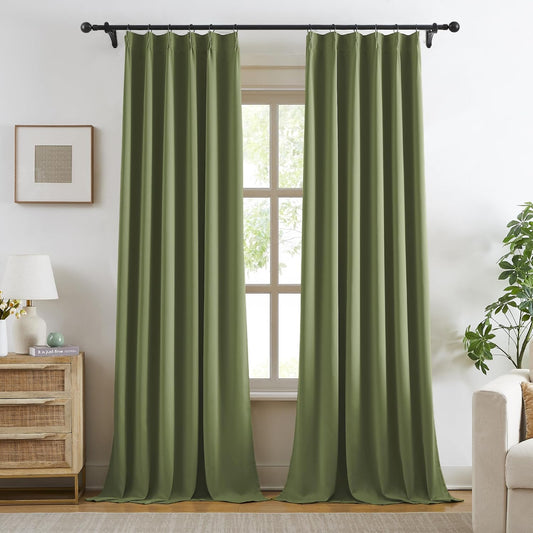 KangBang Sage Green Pinch Pleat Blackout Curtains 96 Inches Long for Living Room, Pinch Pleated Room Darkening Privacy Assured Draperies Memory Shape Panels for Bedroom Kitchen,2 Panels,40Wx96L