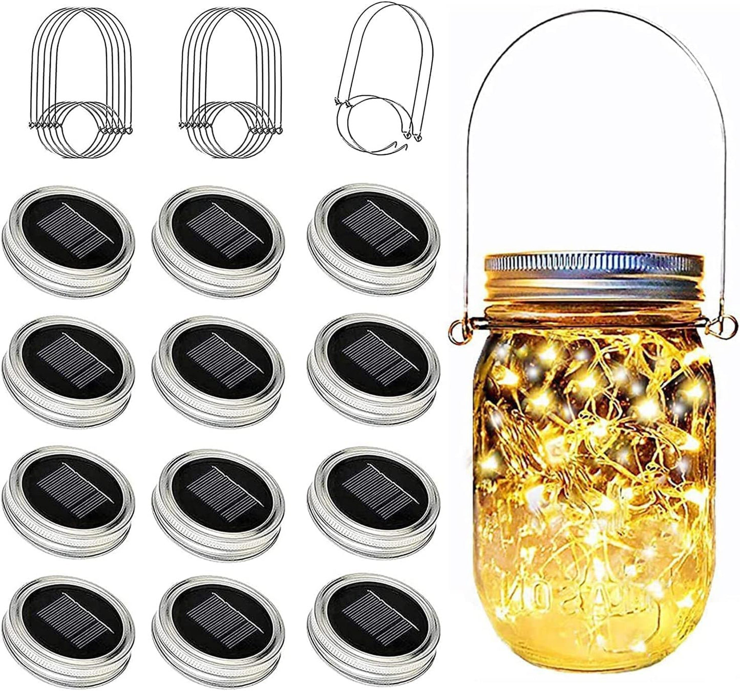 ZNYCYE Mason Jar Solar Lights for Outside, 12 Pack 30 LED Fairy Firefly Lights Mason Jar Solar Lids Outdoor Waterproof String Lights with Hangers(NO JARS) for Patio Garden Yard Lawn Decor - Warm White