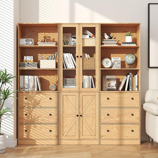 71" Tall Bookshelves Set of 3, 2 Bookcases with Drawers & 1 Bookshelf with Doors, Wooden Bookshelves Floor Standing Display Storage Shelves Home Decor Furniture for Home Office, Living Room