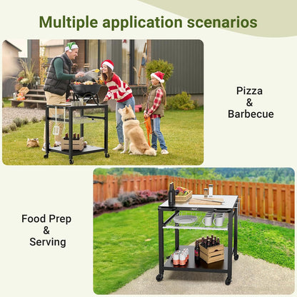 NUUK Outdoor Grill Cart 30"x 24" Pizza Oven Table 3-Shelf with Drawer BBQ Grilling Carts Outside Serving Prep Tables Stand