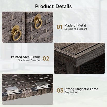 Outdoor Storage Cabinet, Woven Rattan Bar Table with 2 Doors, Slatted-Top, Wicker Console Table for Patio, Garden, Backyard, Kitchen - Brown