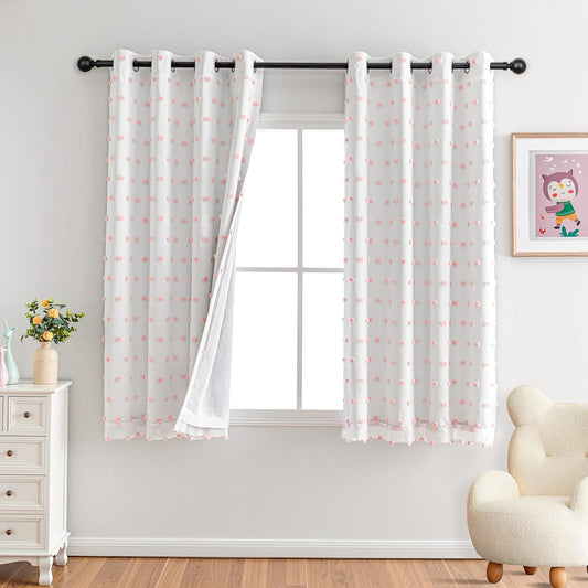 MYSKY HOME Pink Pom Pom Blackout Curtains for Girls Bedroom 54 Inch Long 100% Blackout Curtains for Kids Room 2 Panels Room Darkening Small Window Treatment Grommet 2 Layered Drapes Toddler 52W x 54L