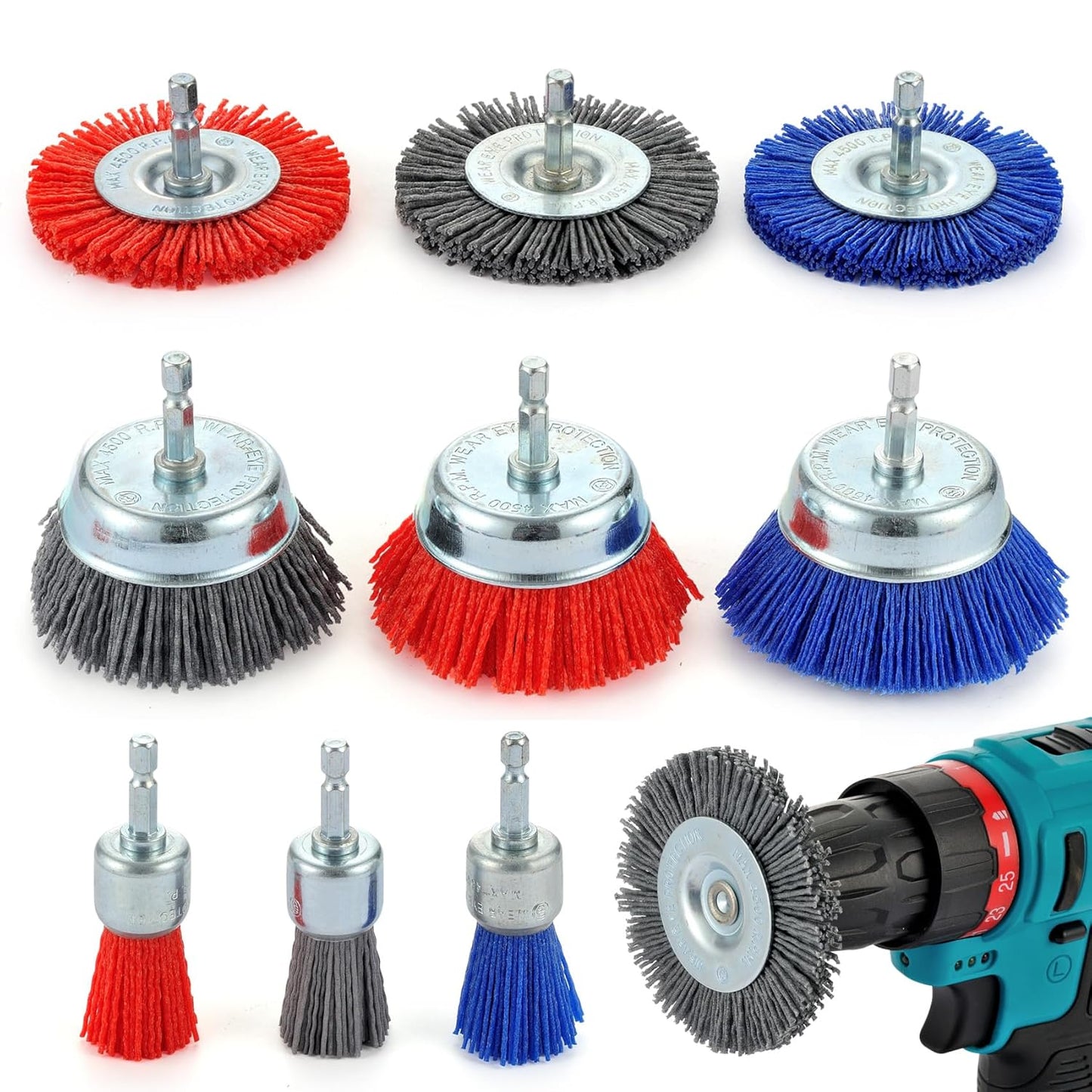 MAXMAN Nylon Drill Brush Set for Rust Removal - 9 Pack Abrasive Wheel & Cup Brush Attachments, 1/4" Hex Shank, Remove Paint & Corrosion from Metal, Wood - Heavy Duty Tools for Drills & Impact Drivers