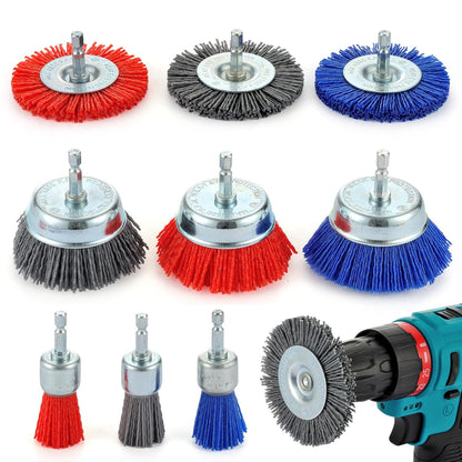 MAXMAN Nylon Drill Brush Set for Rust Removal - 9 Pack Abrasive Wheel & Cup Brush Attachments, 1/4" Hex Shank, Remove Paint & Corrosion from Metal, Wood - Heavy Duty Tools for Drills & Impact Drivers