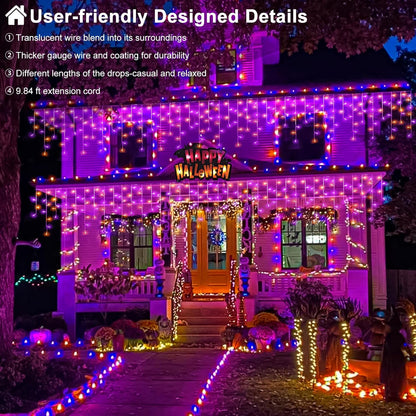 33ft Halloween Lights Outdoor, 400 LED Icicle Lights for Outside, Orange and Purple Twinkle Christmas Light with Connectable Clear Wire 8 Modes Timer Waterproof for House Party Tree Holiday Yard Decor