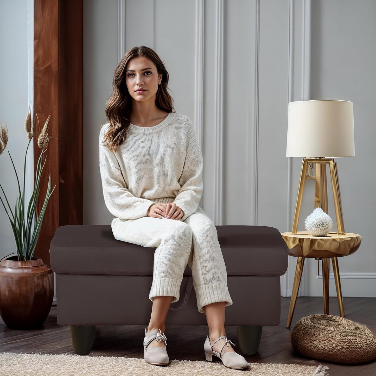 Ottoman Rectangular Storage Ottoman Bench, Flannel Footrest Stool Footstool with Lid for Living Room, Bedroom, Entryway, Dark Coffee, 28.5"x19"x17.5"