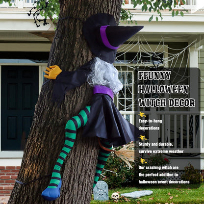 POPGIFTU 63" Crashing Witch Halloween Decoration – Flying Witch on Broom Into Tree Outdoor Yard Prop for Porch, Lawn, Garden, Pillars, Door, or Haunted House Decor