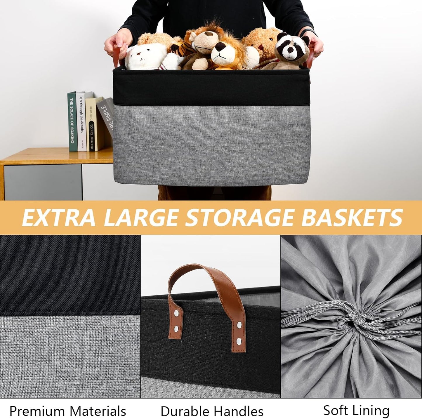 DULLEMELO Extra Large Canvas Fabric Storage Basket, 70L Foldable Closet Storage Bin with Handles, 22" Large Blanket Basket Living Room for Storage Toys, Pillows, Clothes, Books (Black&Grey)