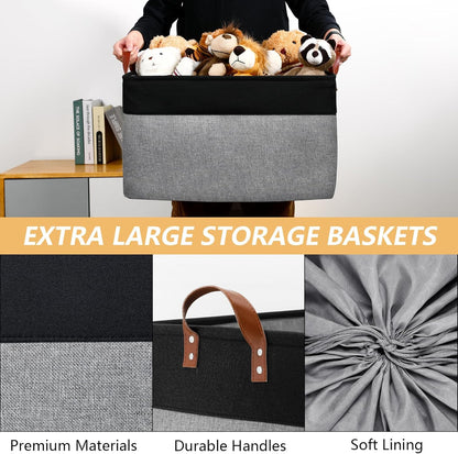 DULLEMELO Extra Large Canvas Fabric Storage Basket, 70L Foldable Closet Storage Bin with Handles, 22" Large Blanket Basket Living Room for Storage Toys, Pillows, Clothes, Books (Black&Grey)