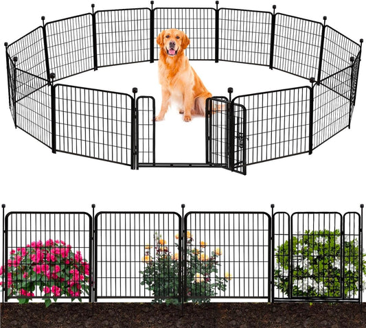 ADAVIN Garden Fence Wide Door Low Threshold, 40 inch High 14 Panels Total 31 Ft(L), Animal Barrier Fence No Dig, Fencing for Garden Beds, Black Iron Metal Heavy Duty Dog Fencing for Yard or Camping