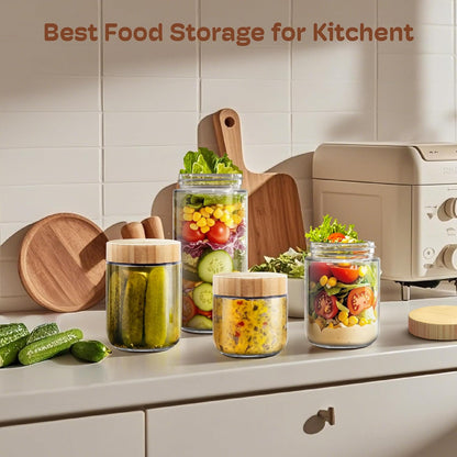 2 pack 24oz Overnight Oats Containers with Bamboo Lids, Glass Jars with Airtight Lids for Meal Prep, Wide Mouth Mason Salad Jars, Glass Food Storage Container for Yogurt Chia Snacks Spice Sugar