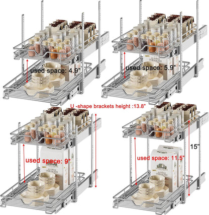 DINDON Pull Out Cabinet Organizer (14" W X 21" D), Cabinet Pull Out Shelves, 2 Tier Pull Out Drawers for Kitchen Cabinets, Wire Basket Slide Out Shelf for Cabinet Organization in Kitchen, Pantry
