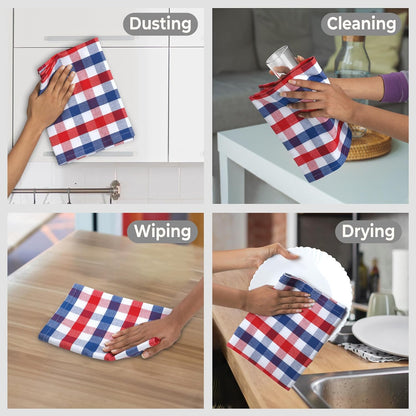 July 4th KitchenTowels Patriotic DishTowels 100% Cotton (Set of 6) 18X28 Inches Highly Absorbent Soft Durable Reusable & Washable Kitchen Towels (Red/Blue/White Buffalo Checks)