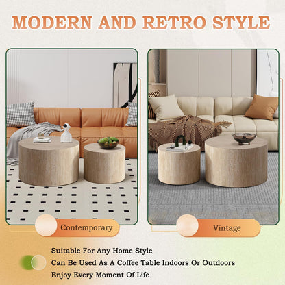 Round Nesting Coffee Table Modern Fluted Coffee Table Set of 2 Circle Drum Coffee Tables Small Round Accent Side End Table for Living Room No Assembly (Travertine 26in)