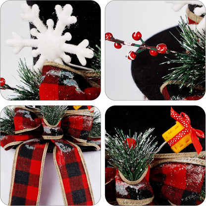 yofit Christmas Tree Topper Hat, Black Velvet Hat with Red Buffalo Plaid Bow Red Berry Snowflake, Christmas Tree Decorations Top Hat, Desktop Ornaments for Home Holiday Winter Decor