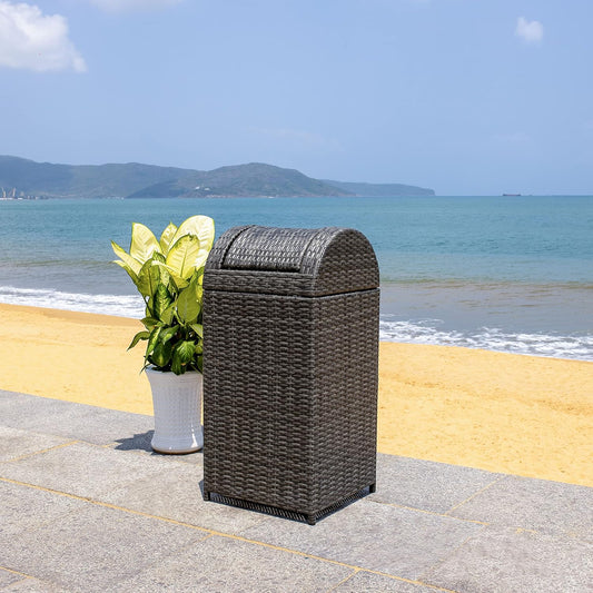 SAFAVIEH Outdoor Collection Mazeli Grey Brown Woven Swing Top Dome Lid Trash Bin (Fully Assembled) PAT7511C