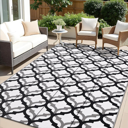 OLANLY Reversible Outdoor Rug 5x8 ft Clearance, Waterproof Outdoor Plastic Straw Rug with Interlacing Pattern, RV Mat for Patio, Camping, Balcony, Deck, Backyard, Black & White