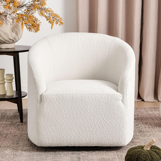 KINWELL 32" Wide Modern Boucle Swivel Barrel Chair, No Assembly Round Upholstered Swivel Accent Armchair for Living Room, Bedroom, Office (White)