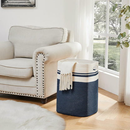 OIAHOMY Laundry Hamper-Laundry Basket,Tall Cotton Storage Basket with Handles,Decorative Blanket Baskets for Living room,Collapsible Large Baskets for Toys,Pillows,Clothes-16x13x22in-Blue