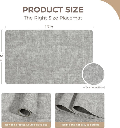 Vinyl Placemats Set of 4, Faux Leather Waterproof and Heat Resistant Place Mats, Washable Anti-Slip Table Mats with Coaster, Wipeable Placemats for Indoor & Outdoor 17" x 12" (Light Grey, Set of 4)