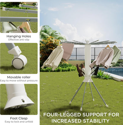 Clothes Drying Rack Foldable, Portable 4-Legged Laundry Drying Racks, Shoe Dryer Rack, Outdoor Collapsible Drying Rack Clothing with 4 Pulleys and Anti-Slip Holes, Aluminum Indoor Dry Rack