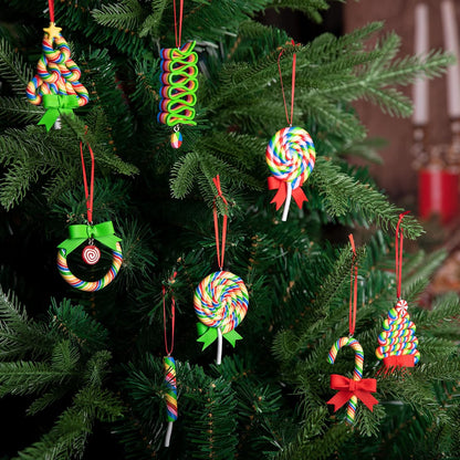 codree 8 PCS Christmas Lollipop Ornaments- Rainbow Lollipop Hanging Ornaments- Christmas Candies Polymer Clay Ornament for Xmas Tree Party Decoration