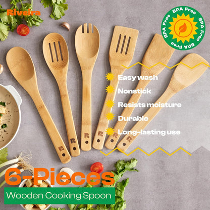 Riveira Bamboo Cooking Spoons 6-Piece – Wooden Cooking Utensils Set with Wooden Spoons for Cooking & Spatulas Wooden Utensil Sets – Premium Kitchen Utensils Set – Durable First Apartment Essentials