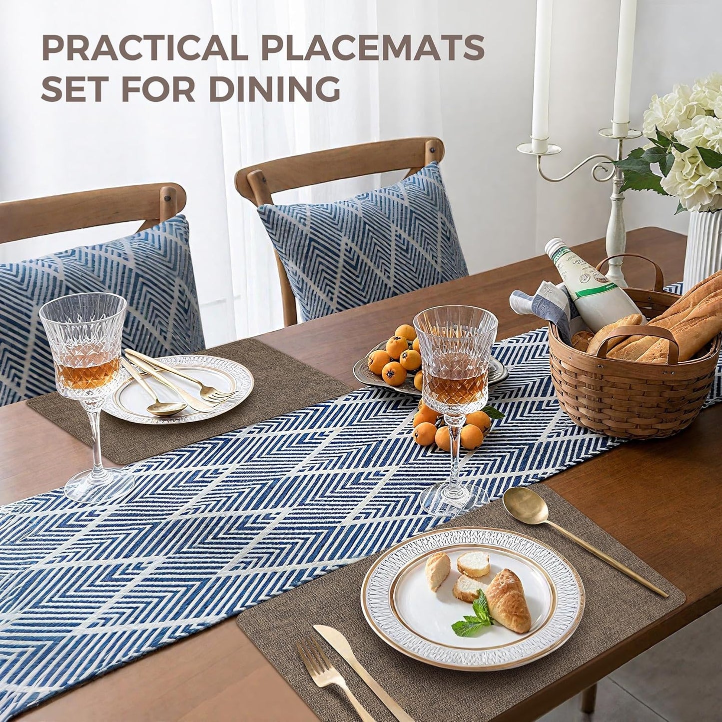 Vinyl Placemats Set of 4, Faux Leather Waterproof and Heat Resistant Place Mats, Washable Anti-Slip Table Mats with Coaster, Wipeable Placemats for Indoor & Outdoor 17" x 12" (Dark Coffee, Set of 4)