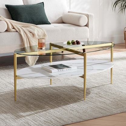 Oval Glass Coffee Table, Mid-Century Modern Design, L43 x W22 x H17 inch, Surfboard Shaped Clear Glass Top and White Marble Finish Wood Shelf, Tapered Legs with Gold Finish Frame