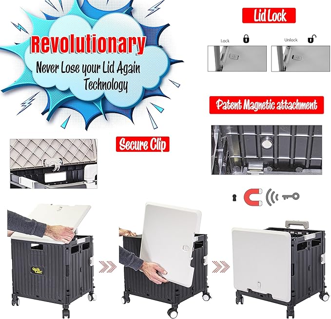 dbest Products Quik Cart Swing Lid Four Swivel Wheeled Rolling Crate Teacher Utility with seat Heavy Duty Collapsible Basket with Dual Telescopic Wagon Handle