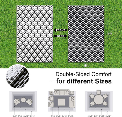 OLANLY Reversible Outdoor Rug 5x8 ft Clearance, Waterproof Outdoor Plastic Straw Rug with Interlacing Pattern, RV Mat for Patio, Camping, Balcony, Deck, Backyard, Black & White