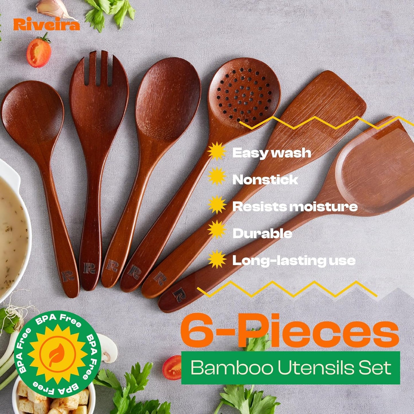 Riveira Set of 6 Premium Brown Bamboo Cooking Utensils - Bamboo Utensils for Cooking - Non-Toxic Kitchen Set - Wooden Kitchen Utensils for Non-Stick Cookware
