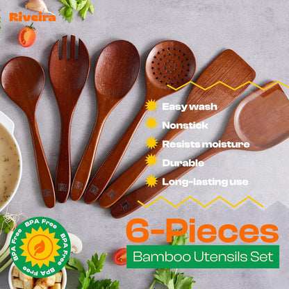 Riveira Set of 6 Premium Brown Bamboo Cooking Utensils - Bamboo Utensils for Cooking - Non-Toxic Kitchen Set - Wooden Kitchen Utensils for Non-Stick Cookware