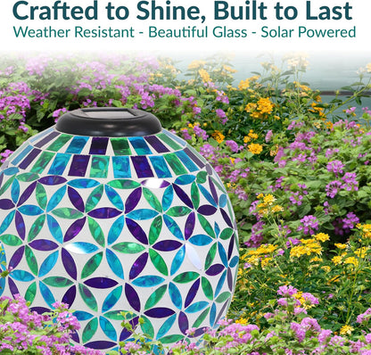 Sunnydaze 10 inch Solar Gazing Ball for Garden - Glass Outdoor Gazing Globe - Mosaic Cool Blooms