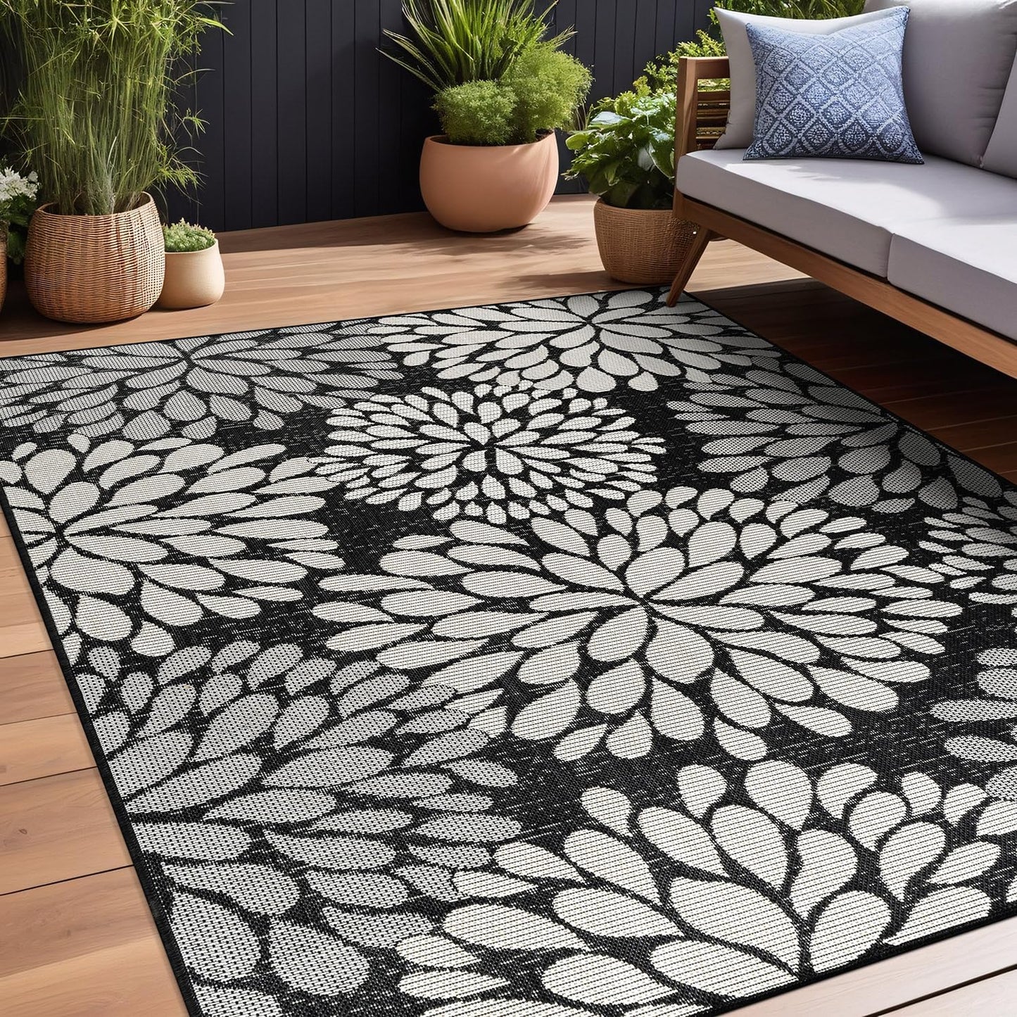 Beverly Rug Outdoor Rug 10x14 Modern Exotic Tropical Leaf Area Rugs for Indoor and Outdoor Patio Deck Porch Garden Water Resistant Washable Outside Carpet (10 x 14 Dark Gray)