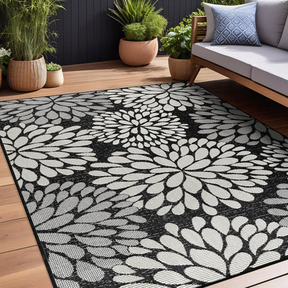 Beverly Rug Outdoor Rug 10x14 Modern Exotic Tropical Leaf Area Rugs for Indoor and Outdoor Patio Deck Porch Garden Water Resistant Washable Outside Carpet (10 x 14 Dark Gray)