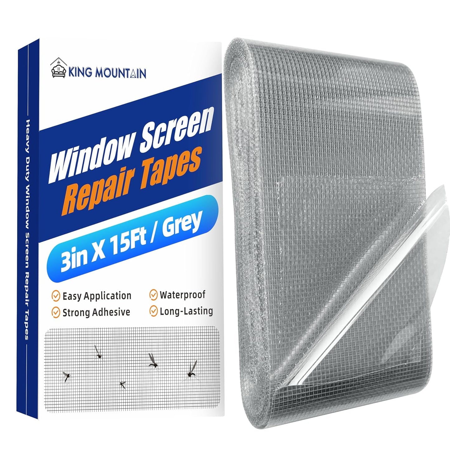 KING MOUNTAIN Grey Window Screen Repair Tape,3inX15FT Heavy Duty Screen Repair Kit for Window Screen and Screen Door Tears Holes,Strong Adhesive & Waterproof Window Screen Patch, Weather Resistant