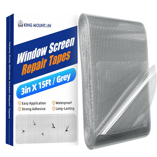 KING MOUNTAIN Grey Window Screen Repair Tape,3inX15FT Heavy Duty Screen Repair Kit for Window Screen and Screen Door Tears Holes,Strong Adhesive & Waterproof Window Screen Patch, Weather Resistant