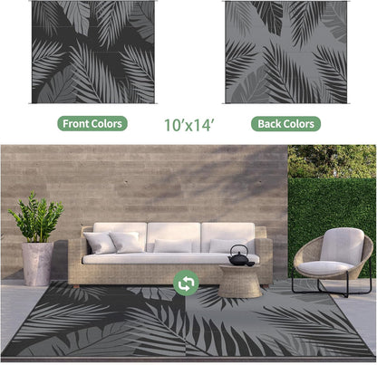 GENIMO Outdoor Rug 10' x 14' Waterproof for Patios Clearance, Reversible Outdoor Plastic Straw Camping Rug Carpet, Large Area Rugs Mats for RV, Camper, Deck, Balcony, Porch, Beach, Picnic, Black&Grey