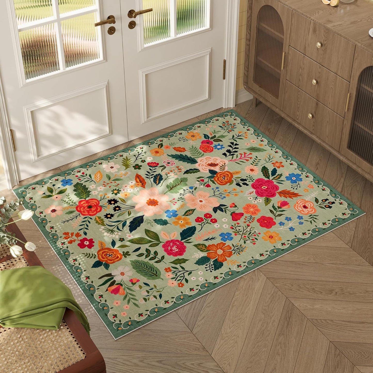Door Mat Indoor Entrance 2x3 Rug Machine Washable Boho Floral Small Area Rug Non-Slip Low Pile Throw Rugs for Entryway, Kitchen, Front Door Indoor Entrance, Entry, Kids Room (Green)