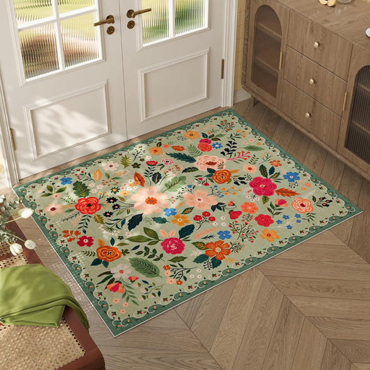 Door Mat Indoor Entrance 2x3 Rug Machine Washable Boho Floral Small Area Rug Non-Slip Low Pile Throw Rugs for Entryway, Kitchen, Front Door Indoor Entrance, Entry, Kids Room (Green)